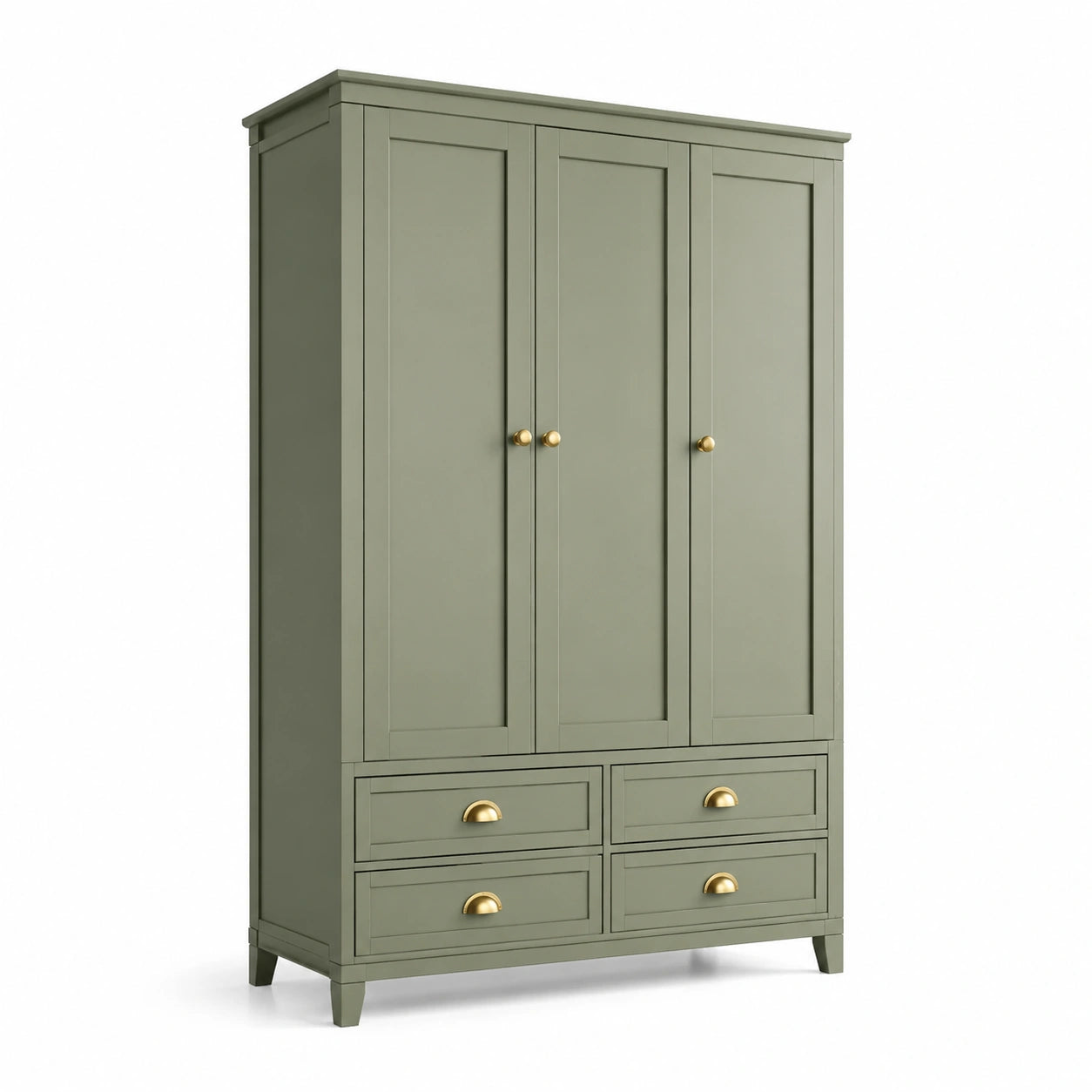 Armoire trois portes en bois vert avec poignées en laiton