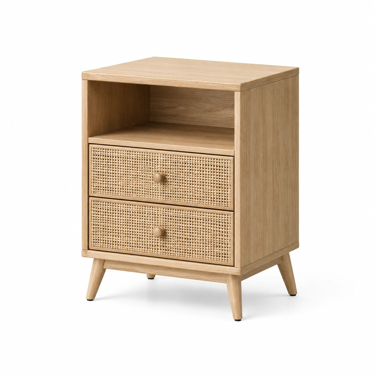 Table de chevet en bois avec tiroirs en rotin