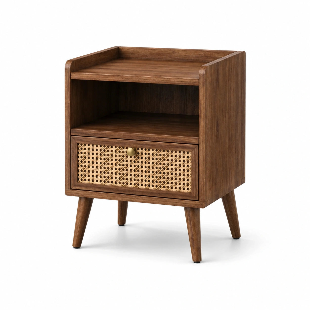 Table de chevet en bois et rotin cannage brun