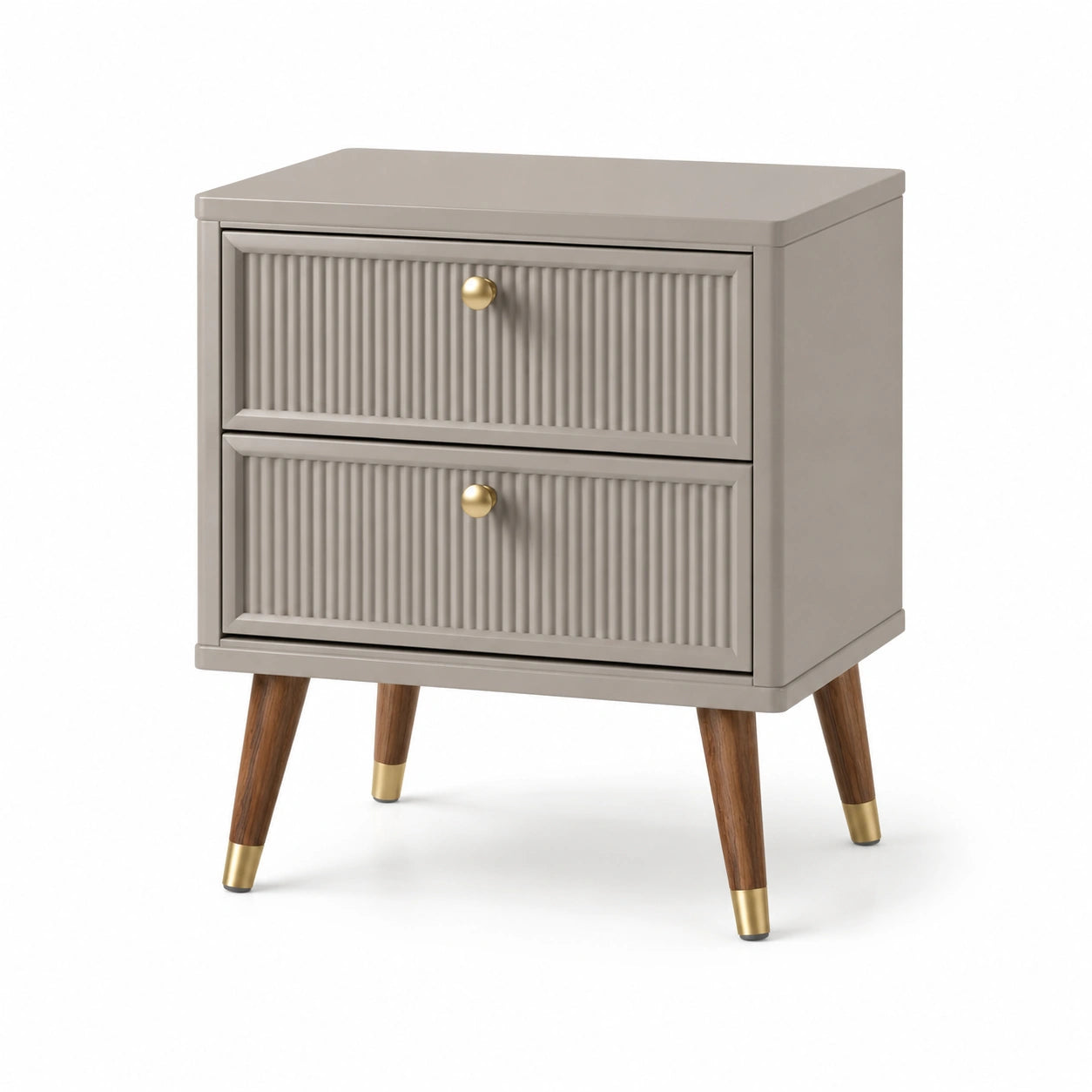 Table de chevet en MDF gris avec pieds en bois et poignées métalliques