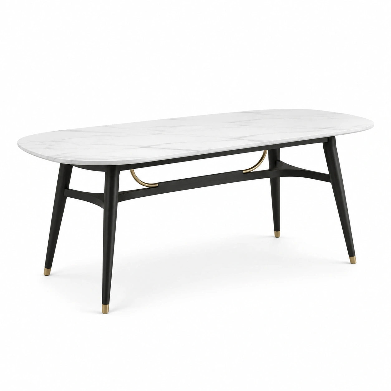 Table à manger ovale en marbre blanc et bois noir
