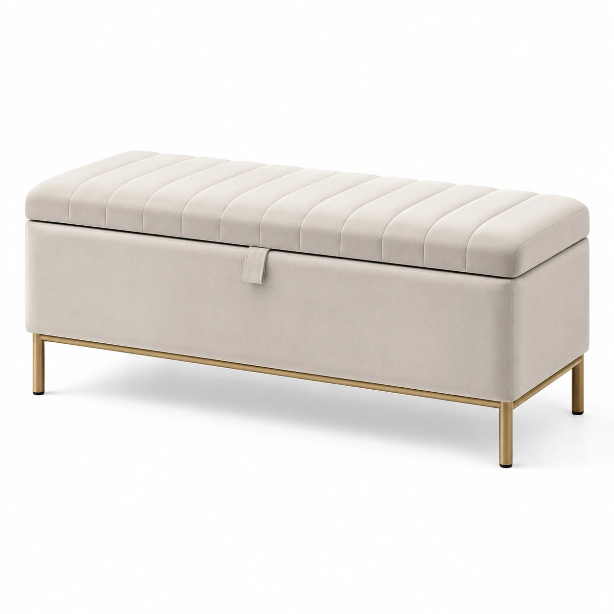 Banc de rangement en velours beige avec pieds en métal