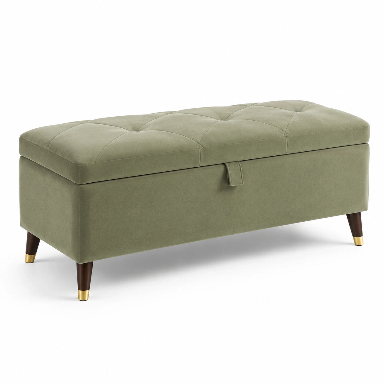 Banc de rangement en velours vert avec pieds en bois 120 cm