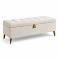 Banc de rangement en lin beige avec pieds en bois massif