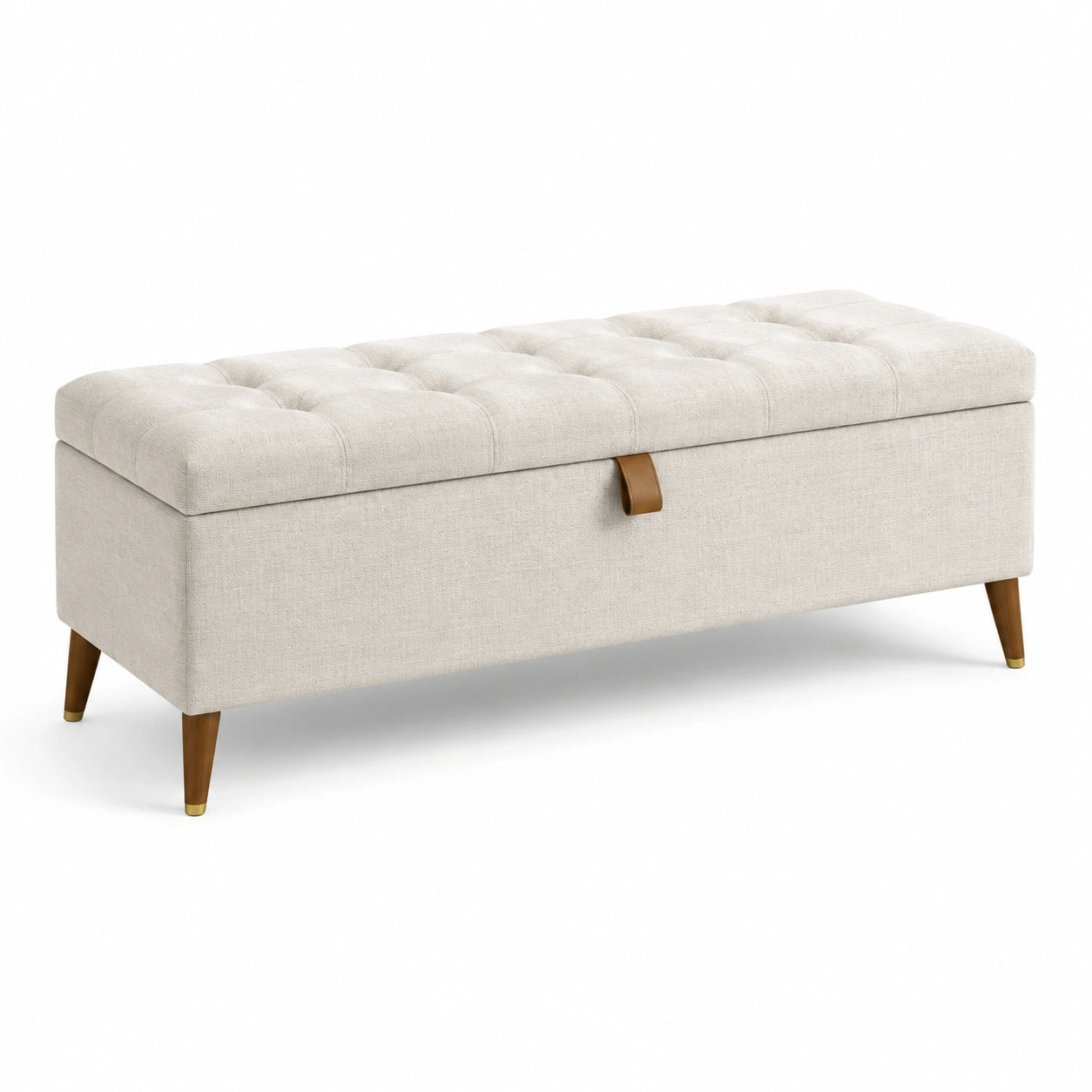 Banc de rangement en lin beige avec pieds en bois massif