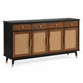 Buffet en bois et rotin noir et marron avec poignées en laiton 180x40x90 cm