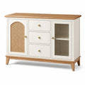 Buffet en bois MDF blanc avec plateau en chêne et portes en verre cannelé et rotin