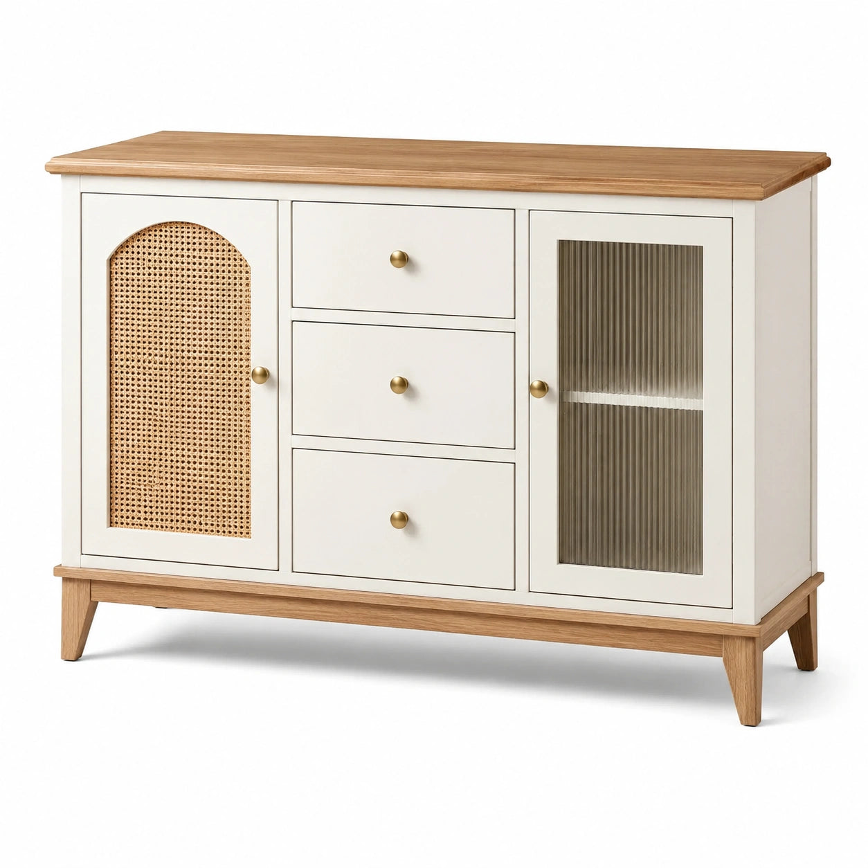 Buffet en bois MDF blanc avec plateau en chêne et portes en verre cannelé et rotin