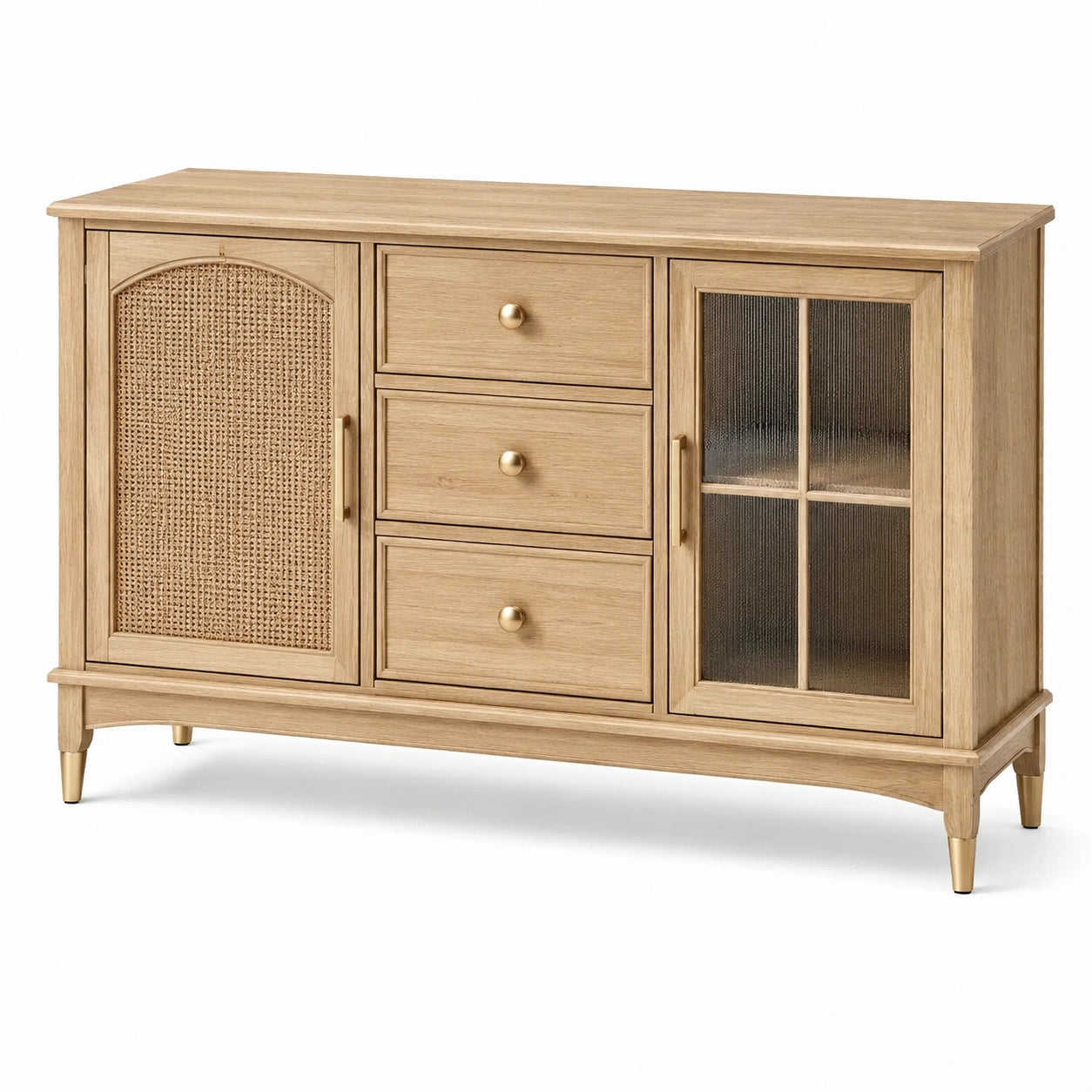 Buffet en bois avec verre texturé et rotin