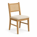 Chaise en bois avec dossier en rotin et siège en tissu beige