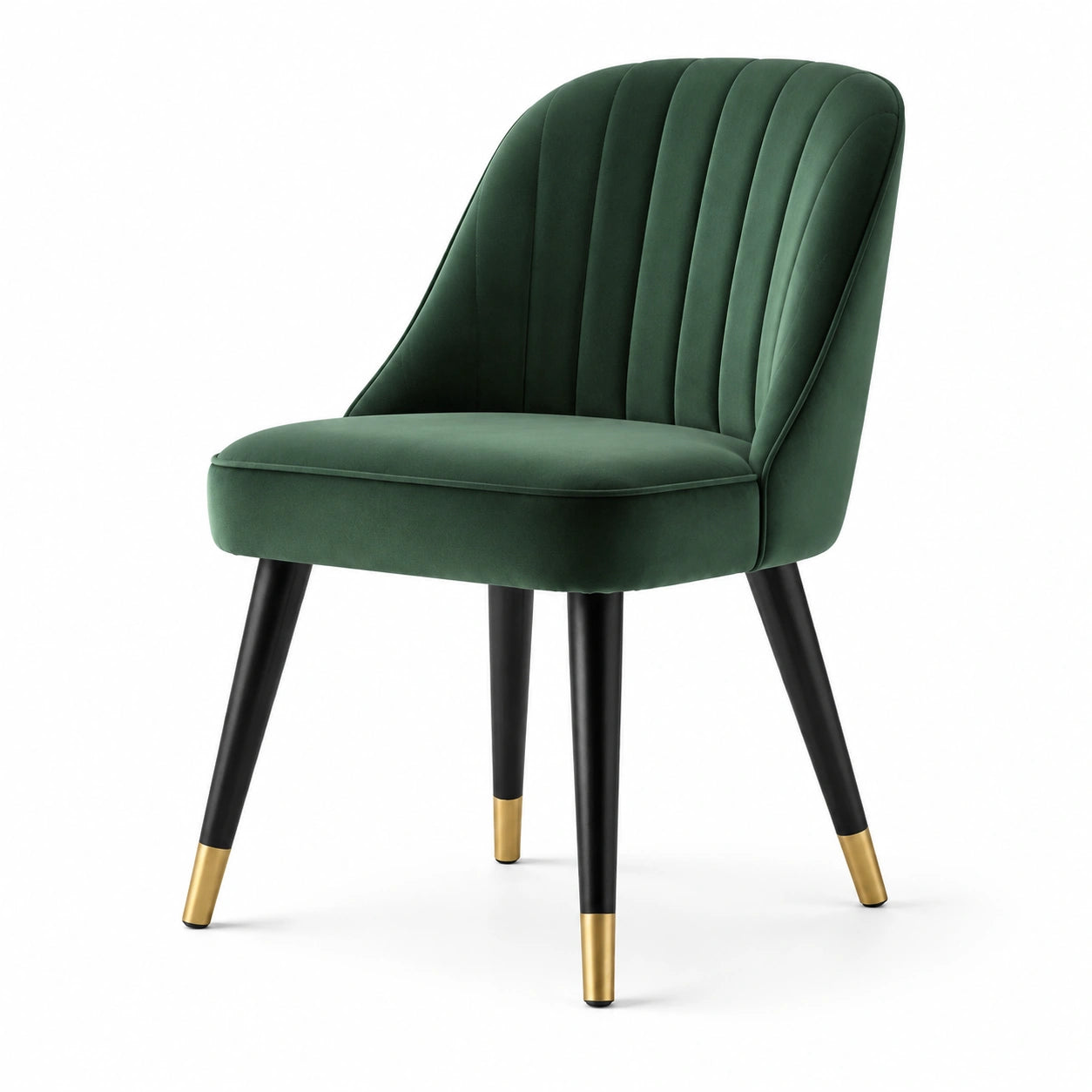 Chaise en velours vert avec pieds en métal noir et doré