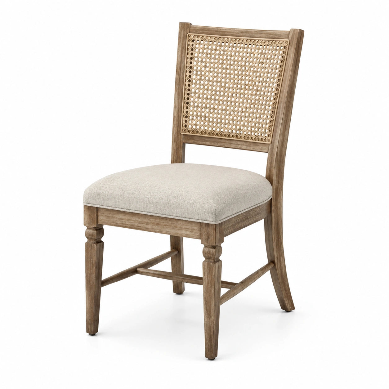 Chaise en bois avec dossier en rotin et assise en tissu polyestère beige