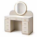 Coiffeuse en bois avec miroir rond éclairé et tiroirs crème/doré