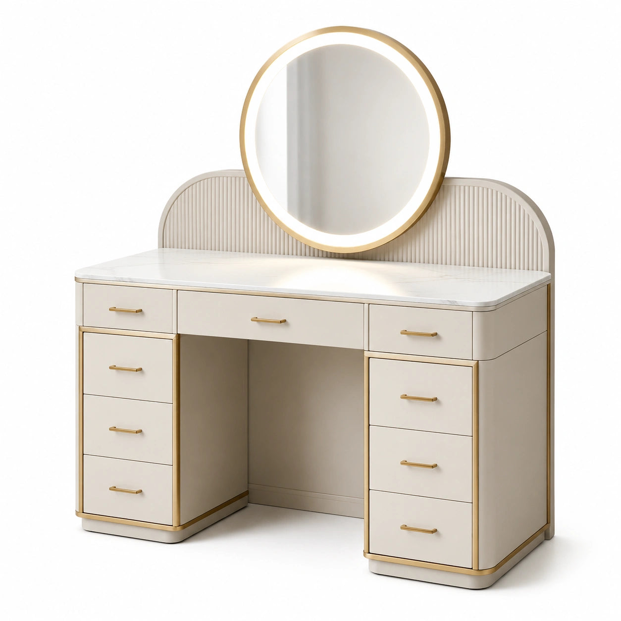 Coiffeuse en bois avec miroir rond éclairé et tiroirs crème/doré