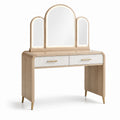 Coiffeuse en bois clair avec miroir trifold, métal doré et 2 tiroirs