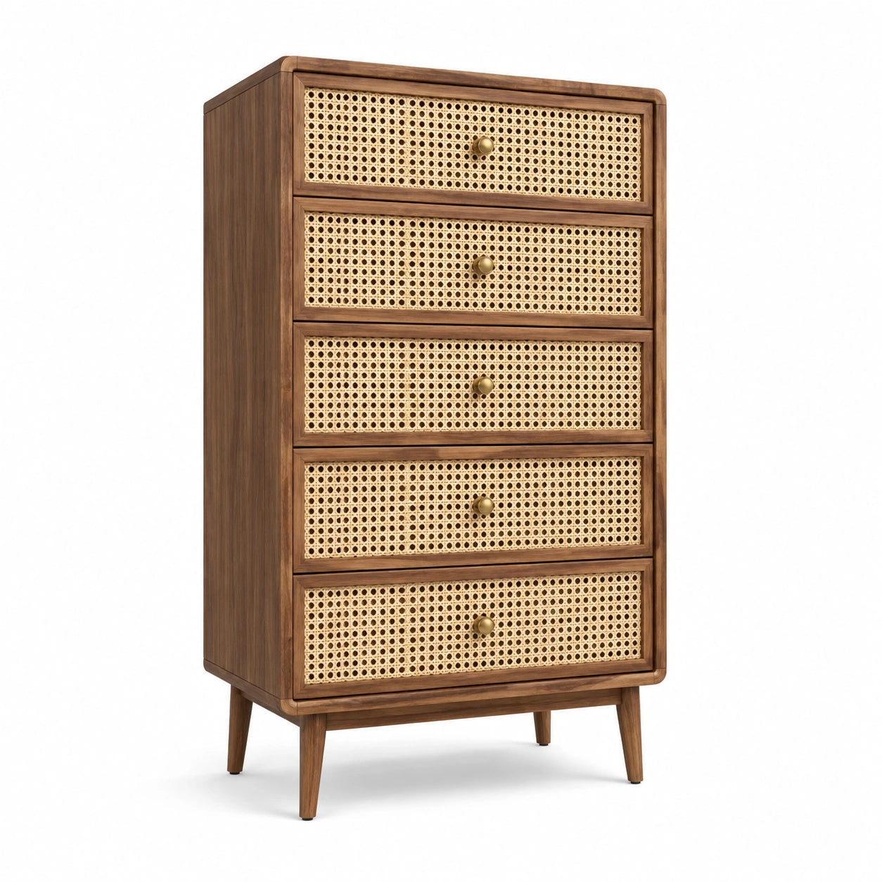 Commode en bois avec tiroirs en rotin, 5 tiroirs, marron