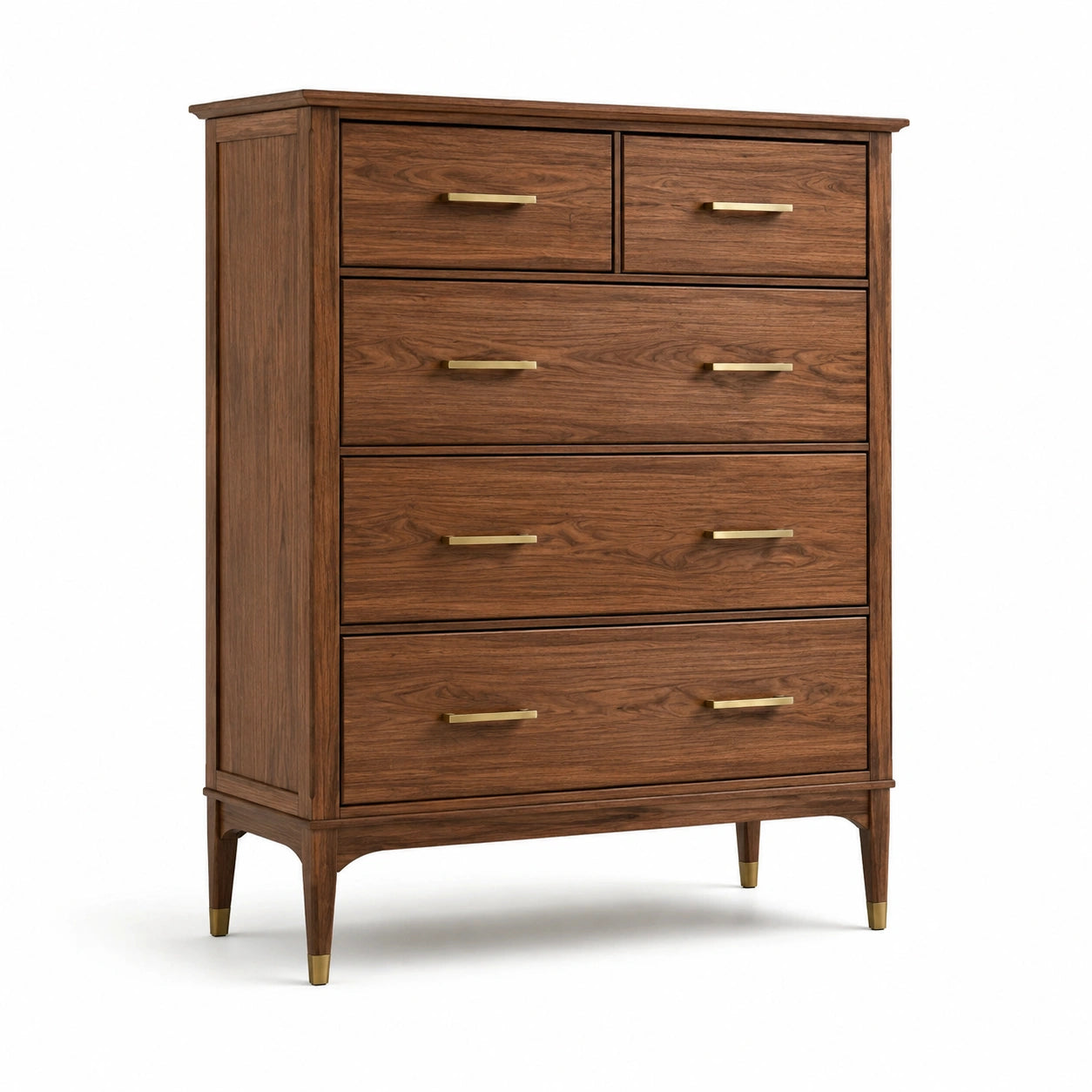 Commode en bois de noyer avec 5 tiroirs et poignées en aluminium