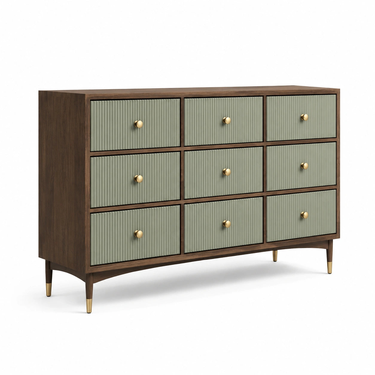 Commode en bois et métal avec 9 tiroirs noyer et vert