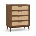 Commode en bois de noyer et rotin avec 4 tiroirs