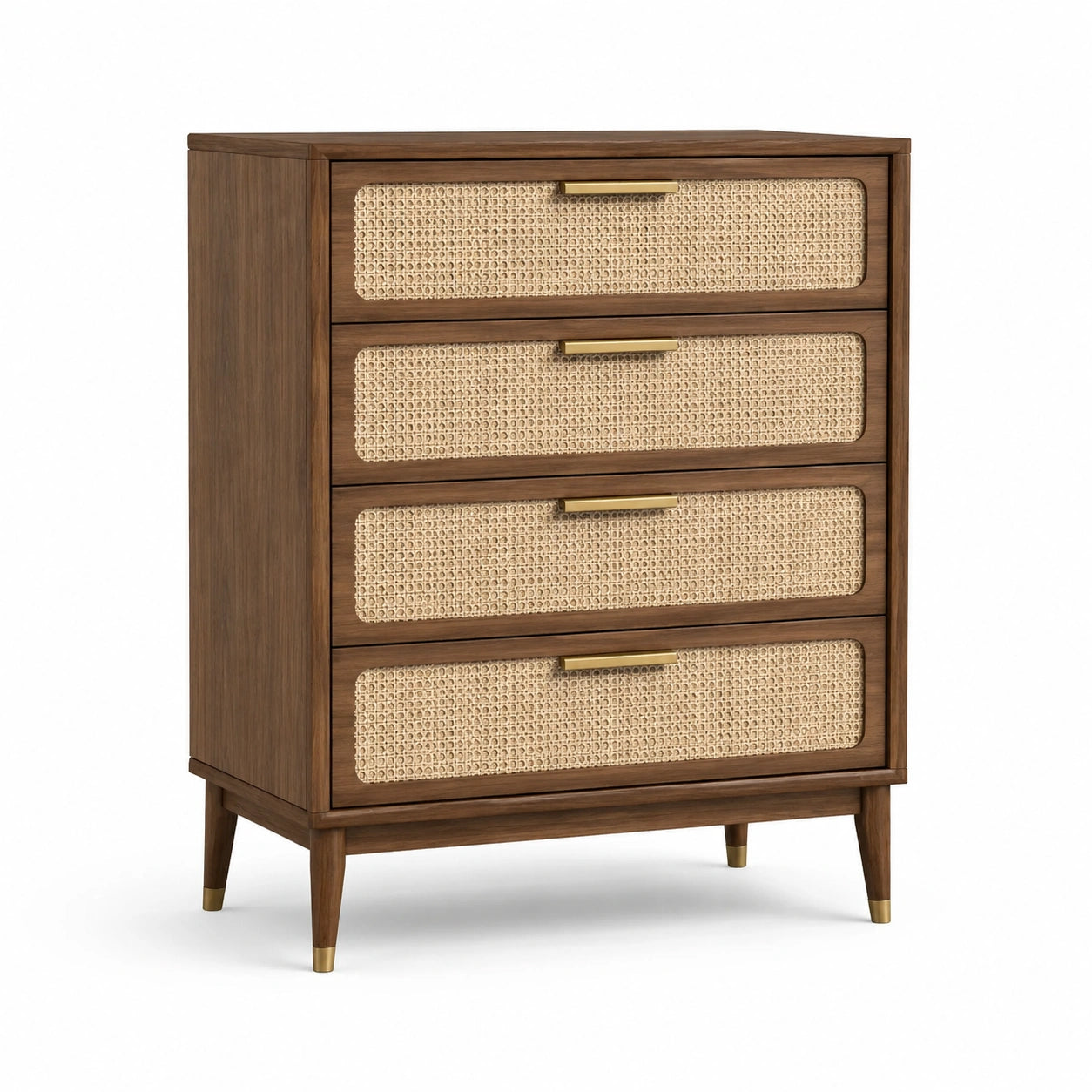 Commode en bois de noyer et rotin avec 4 tiroirs