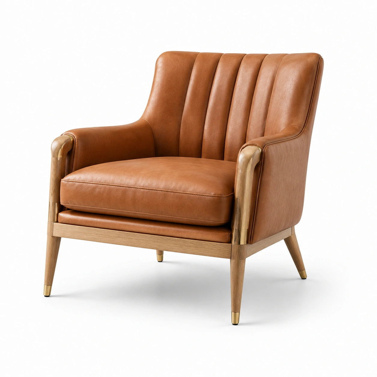 Fauteuil en cuir marron avec structure en chêne et détails métalliques 85x75x80 cm