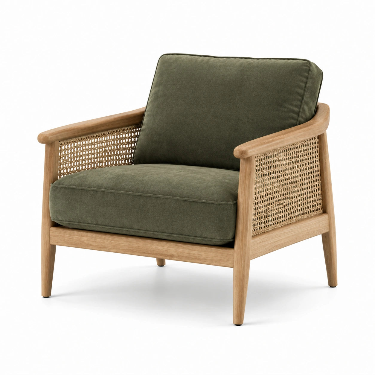 Fauteuil en bois avec dossier en rotin et coussins verts