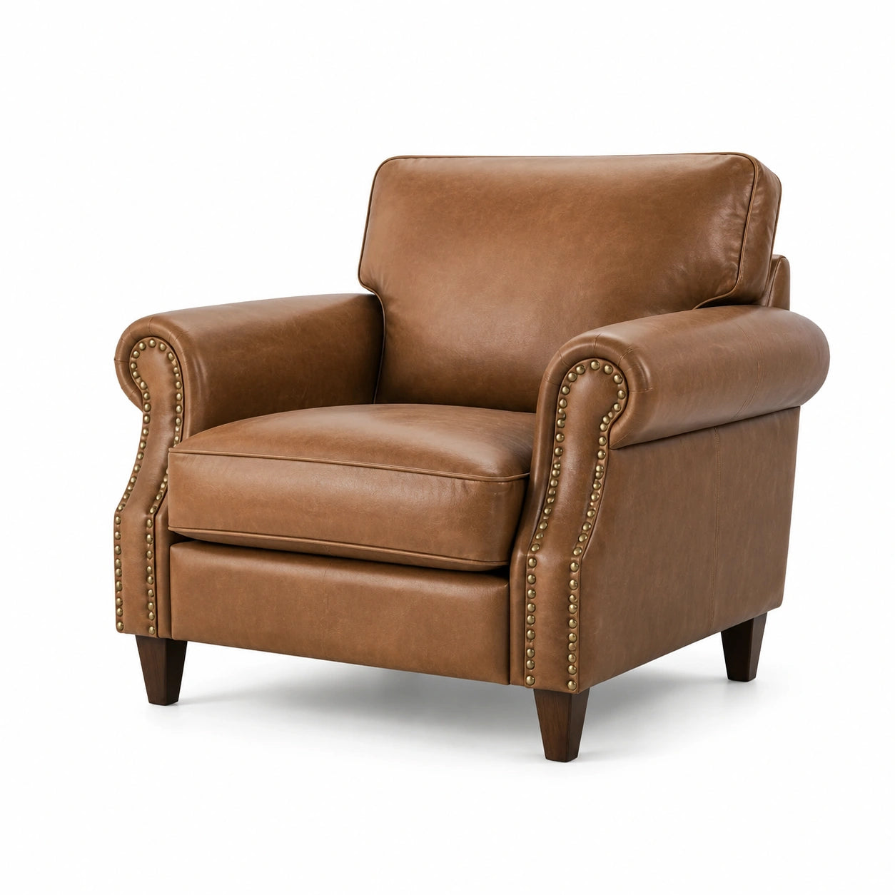 Fauteuil en cuir véritable marron avec accoudoirs cloutés