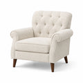 Fauteuil bouclé beige avec accoudoirs roulés et pieds en bois