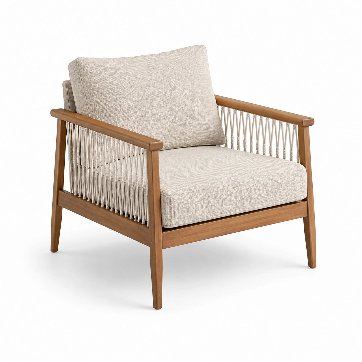 Fauteuil en bois avec corde tressée et coussins en polyester beige