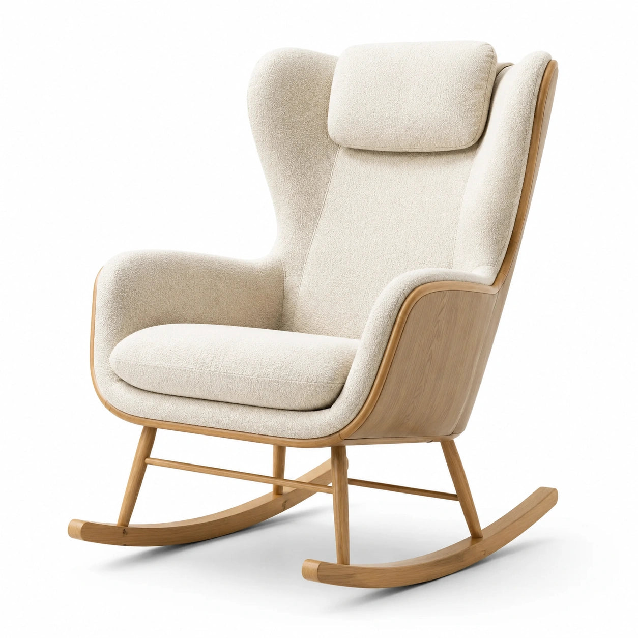 Fauteuil à bascule en bois et tissu polyester beige