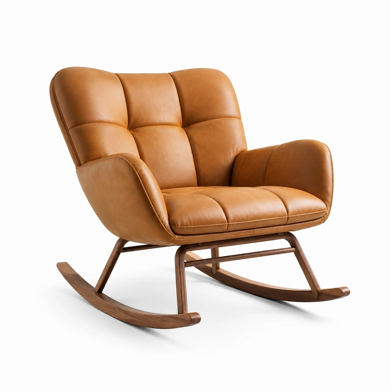 Fauteuil à bascule en cuir synthétique marron avec structure en noyer