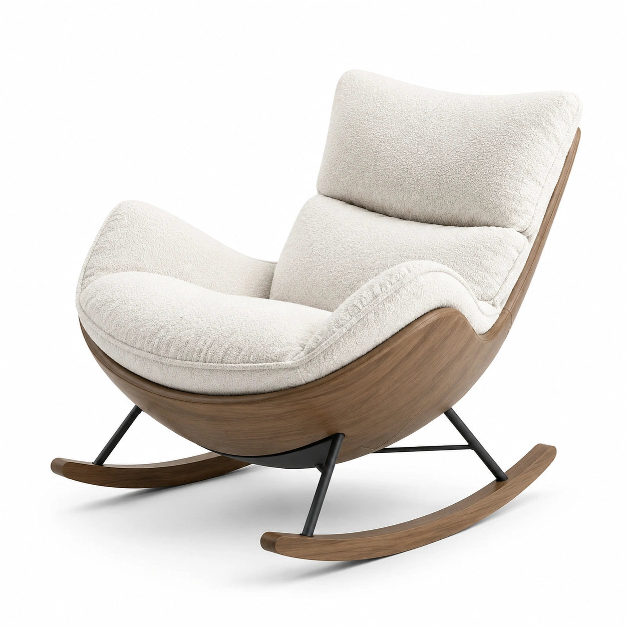 Fauteuil à bascule en bois et tissu bouclé écru
